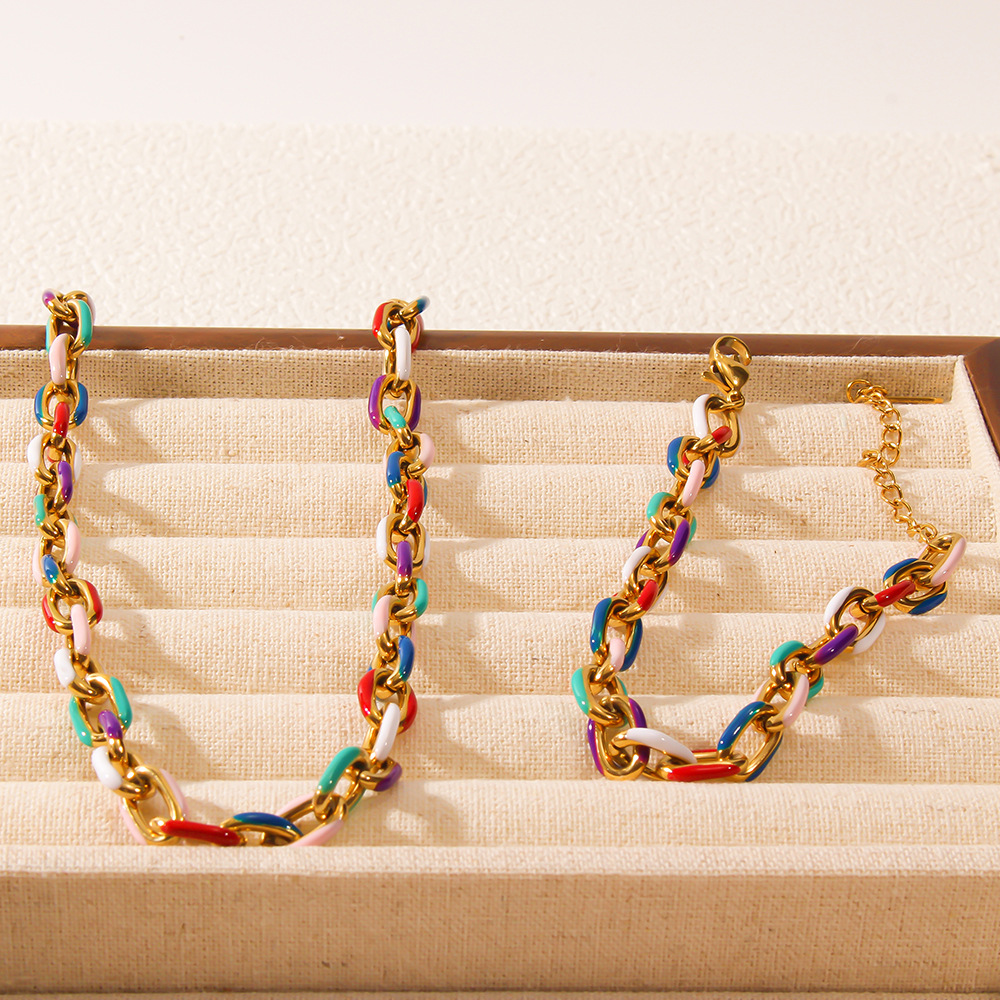 Collar de aceite de goteo de acero inoxidable transfronterizo europeo y americano, esmalte de dopamina, colorido, cadena cubana, collar, pulsera