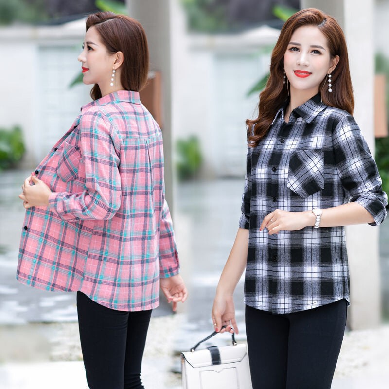 Spring and Autumn Mom's Shirt Fashion 40 Middle-Aged Women's Cotton Top Plaid Shirt Middle-Aged and Elderly Women's Long-Sleeved Tops Spring and Autumn Mom's Shirt Fashion 40 Middle-Aged Women's Cotton Top Plaid Shirt Middle-Aged and Elderly Women's Long-Sleeved Tops