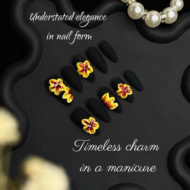 European and American Mid-Length Almond Black Frosted Carved Fresh and Personalized Style Pure Handmade Wearable Nails Wholesale Cross-Border Light Luxury