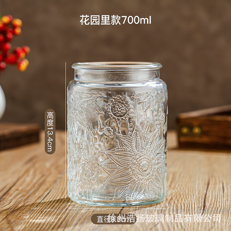 Vidrio de alivio de vidrio sellado tarro cuadrado tarro de almacenamiento merienda fruta seca almacenamiento tarro cocina hogar tarro de vidrio retro