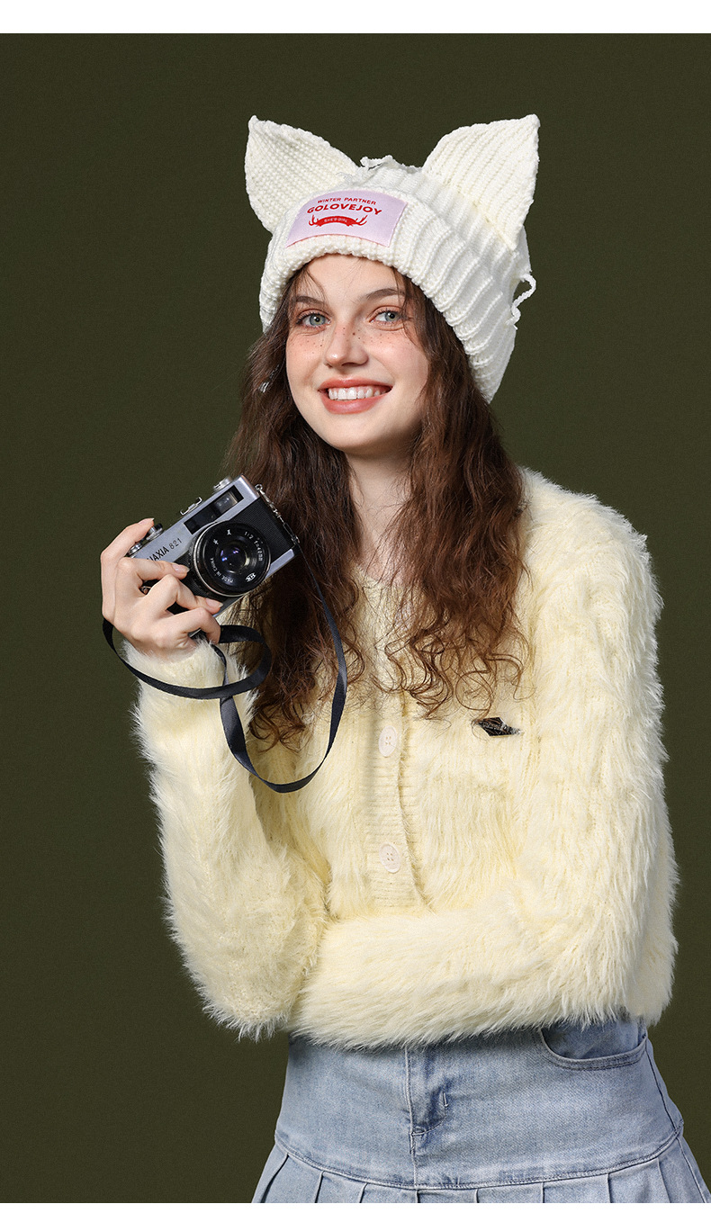 Autunno e inverno Nuovo piccolo e carino cappello con orecchio di volpe Cappello lavorato a maglia con orecchio di gatto di maiale femminile Cappello freddo caldo e antivento_voghion.com