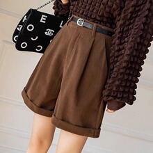 大码灯芯绒短裤女秋冬200斤高腰阔腿女裤子宽松直筒休闲五分靴裤