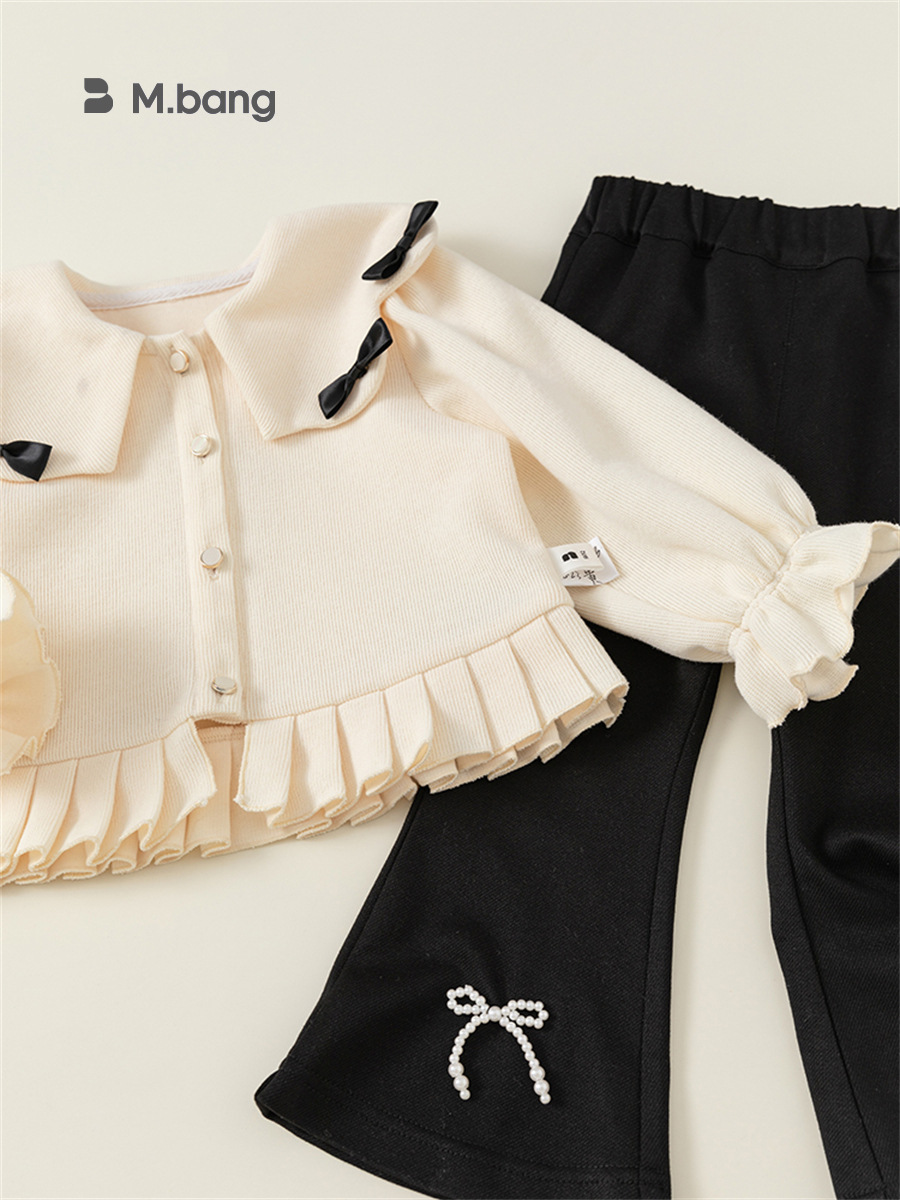 Conjunto de Dos Piezas para Niñas Youbao, Primavera y Otoño, Estilo Chanel, Ropa Infantil, Chaqueta con Solapa y Lazo, Pantalones Acampanados