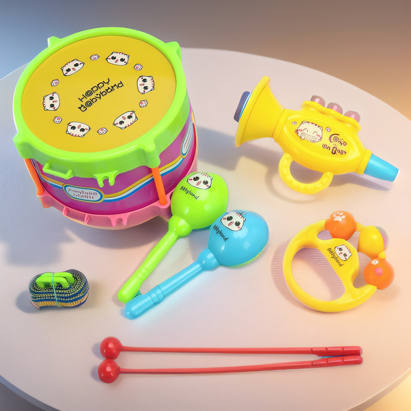 Bebé golpe de mano de doble cara juguete pequeño tambor de cintura instrumento musical para niños martillo de arena Cuerno conjunto de cinco piezas juguetes infantiles al por mayor