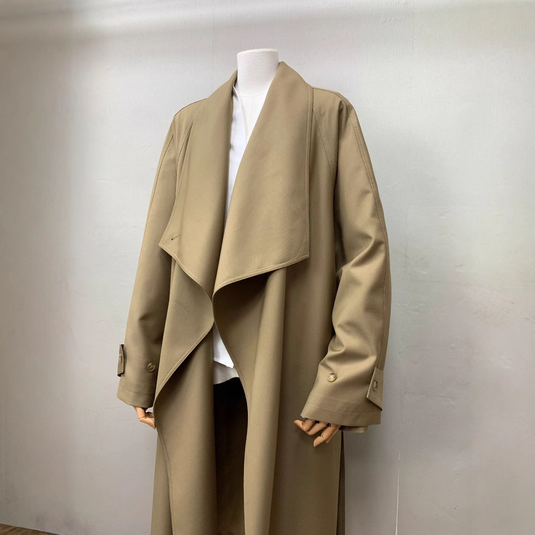 Long Khaki European and American Loose Silhouette Work Clothing Simple Black Large Lapel Design Windbreaker 25 Autumn Dalian Women's Clothing