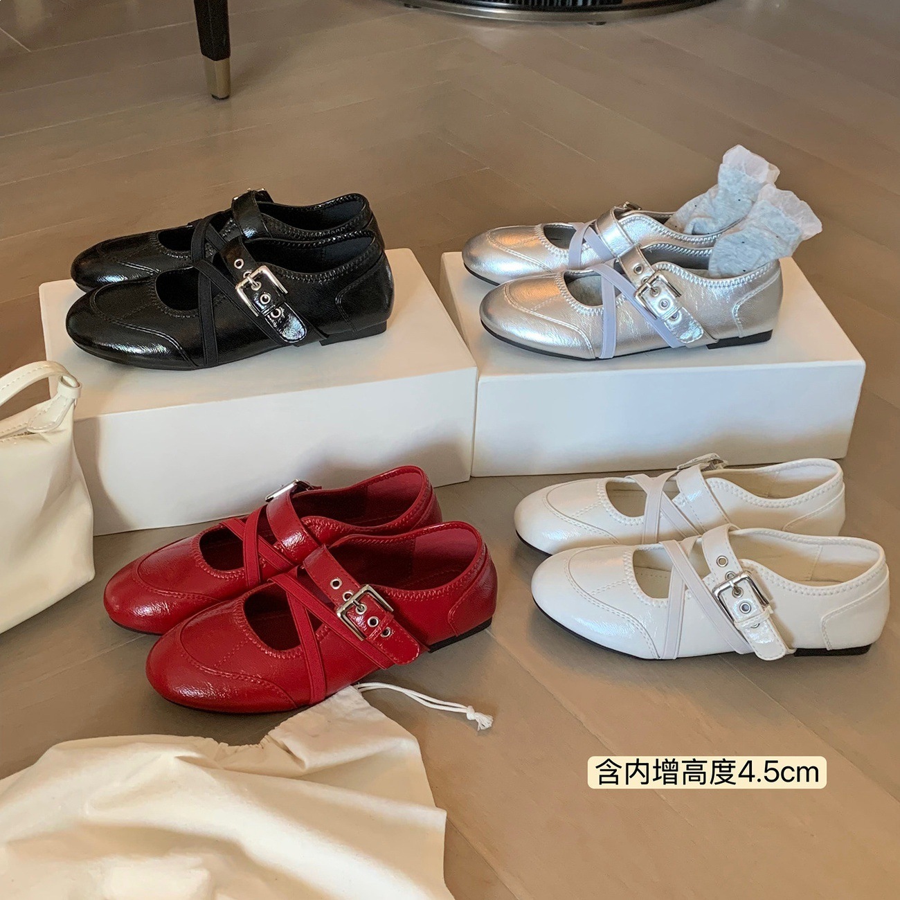 Ballet shoes with hidden heel, Mary Jane shoes low-cut, round toe