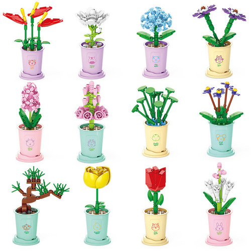Lèlé Xiōngdì 8814 Potted Plant Building Block Bouquet Assembly Toy Decor Rose Girl Birthday Gift Wholesale