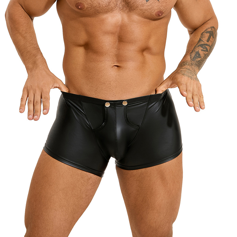 Transfronterizo Amazon sexy cuero lacado hombre pantalones de ángulo plano imitación de cuero interesante botón convexo U fácil de quitar pantalones de ángulo plano