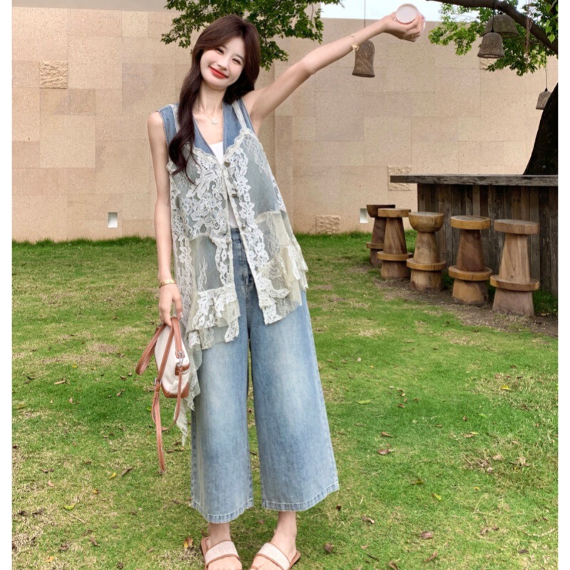 Korean Retro Lace Splicing Denim Vest and Wide-Leg Pants Set for Women, Summer Unique Casual Two-Piece Set