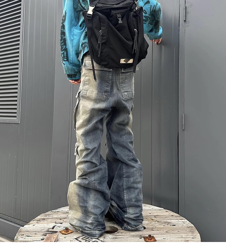 Men's Clothing VINTAGE GARC niche trendy brand RO style wide leg multi pocket flared distressed jeans men's vibe cotton_voghion.com