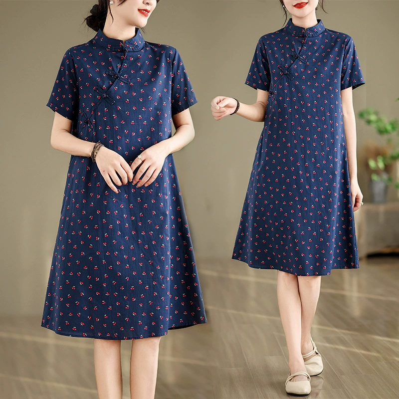 Улучшенная юбка Cheongsam в китайском стиле Real Shot, лето 2024, свободное литературное платье из чистого хлопка с принтом