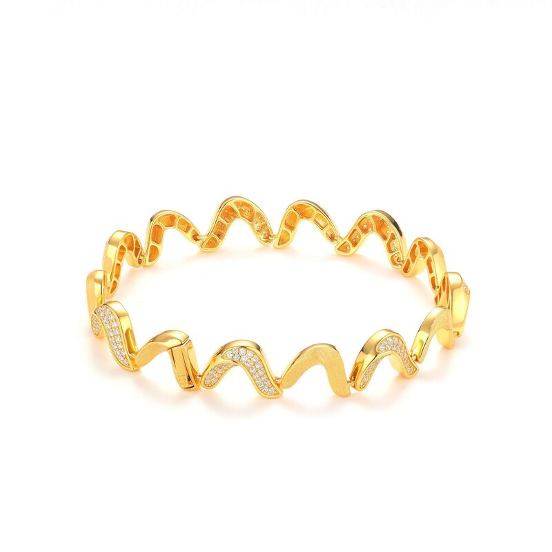 S925 Silver Gold-Plated Telephone Wire Corrugated Bracelet for Women, Niche Light Luxury Fashion, Diamond-Studded Spliced Wave Bracelet Wholesale Factory