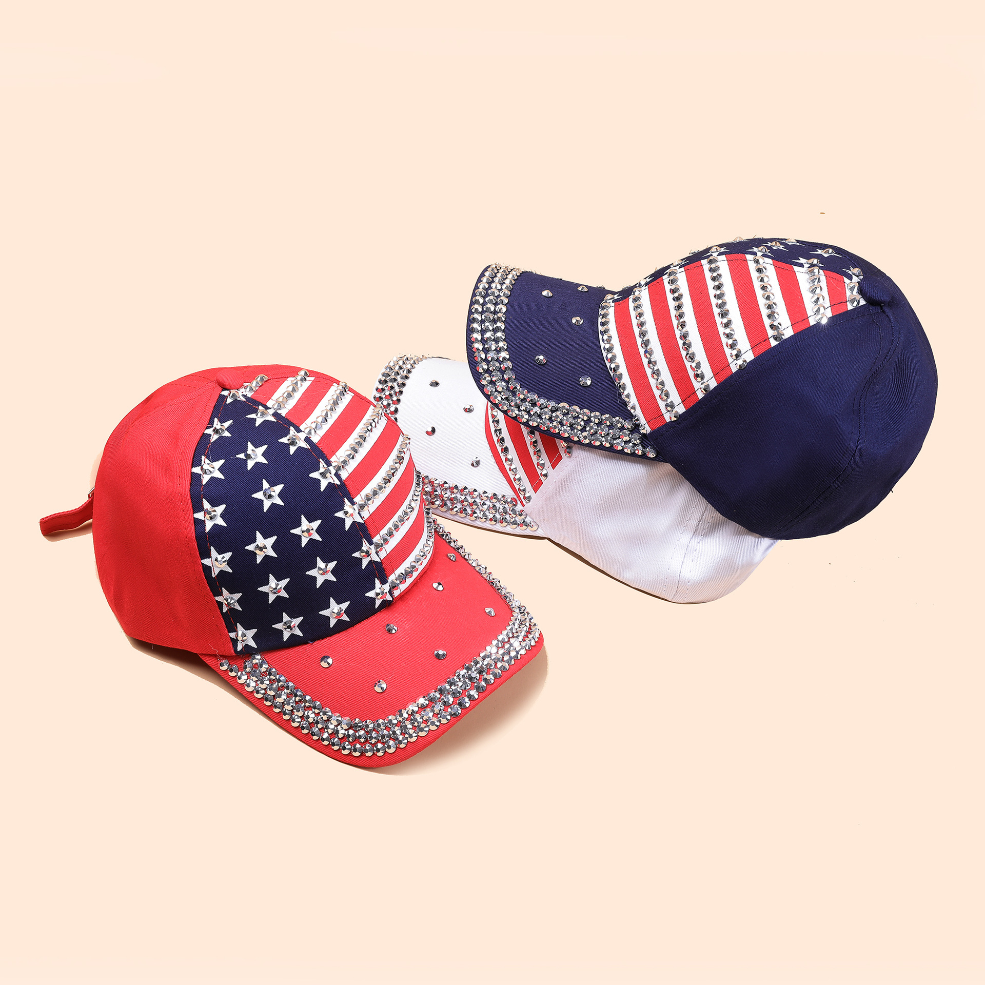 El Comercio exterior transfronterizo nuevo verano estilo americano de moda bandera americana diamante incrustado gorra de béisbol sombrero para el sol hombres y mujeres mismo estilo casquillo de pico