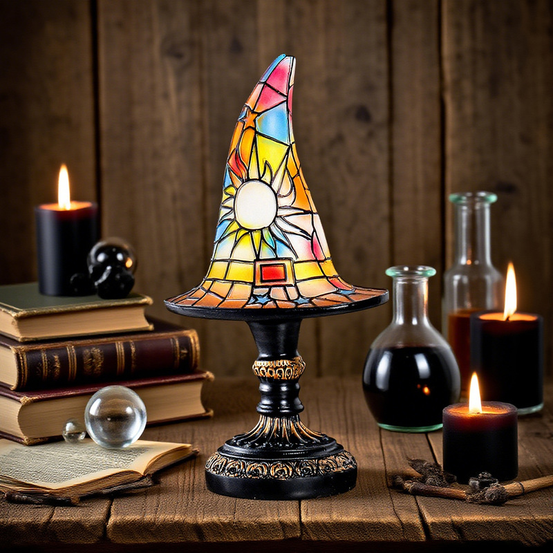 跨境新款Stained Glass Witch Hat Lamp 女巫帽灯床头柜夜灯|undefined