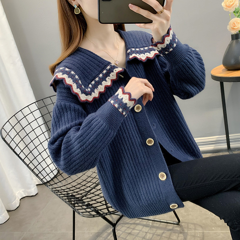 韓国版の新しい秋と冬の甘いルーズニットカーディガン 2025 ドールカラーセーター女性の怠惰なスタイルのトップジャケット|undefined