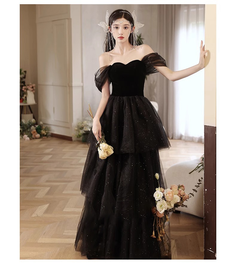 Đầm dạ hội đen lệch vai dáng chữ A thanh lịch — đen chi tiết 4