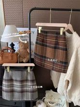 韩系复古撞色独灰绿色呢子短裙女2024秋冬高腰包臀A字半身裙子
