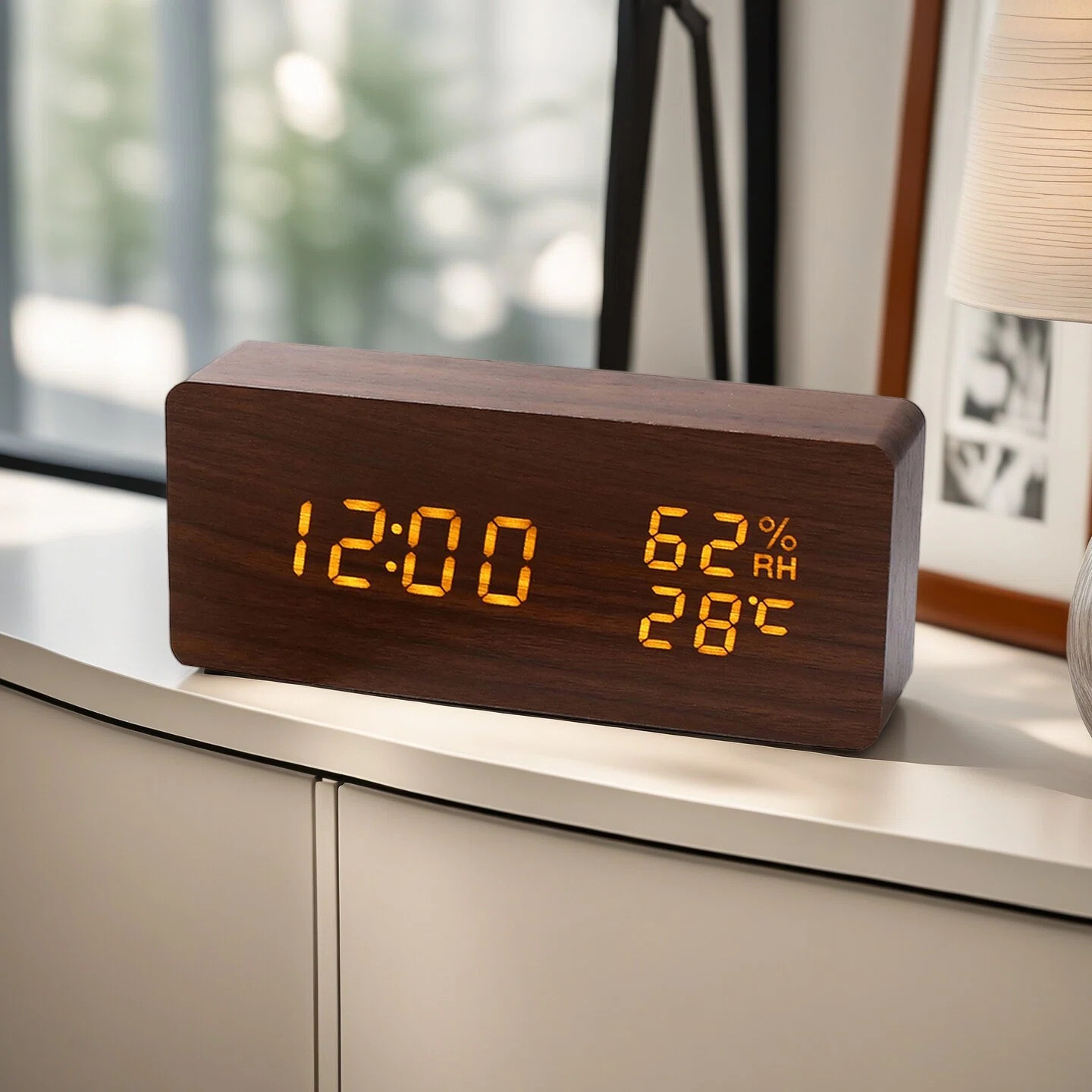 Scandinavian Creative Wooden Alarm Clock Temperature and Humidity Meter Clock Multi-Functional Silent Luminous Student Bedroom Bedside Wooden Clock
