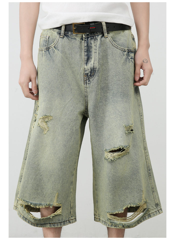 Quần short jean nam ống rộng ống thẳng dáng lửng rách nhẹ — Màu xanh lam chi tiết 9