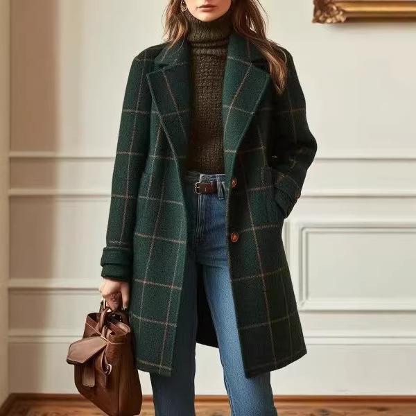 2025冬季新款亚马逊女装欧美跨境时尚翻领长袖格子口袋中长款外套