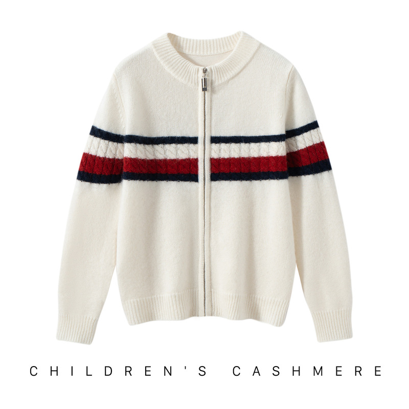 100% Pure Cashmere Sweater for Boys and Girls, Autumn and Winter Base Layer Outerwear, Zipper Thick Round-Neck Cardigan for Children
