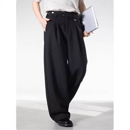 Laop-money style casual trousers for men's spring and summer loose straight waist buckle adjustable retro solid color commuting pants