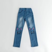 外贸童装牛仔女童新款卡通猫咪牛仔裤女中童潮流弹力牛仔长裤