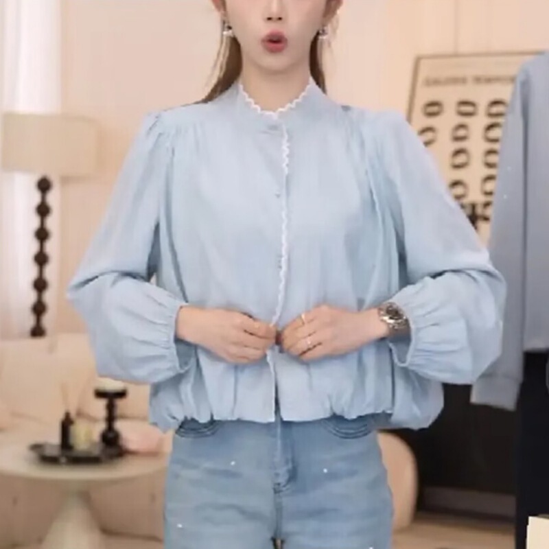 Lace Blouse for Women 2025 Spring New Style Simple Elegant Sweet Casual Long-Sleeve Pleated Short Top Fashionable Elegant