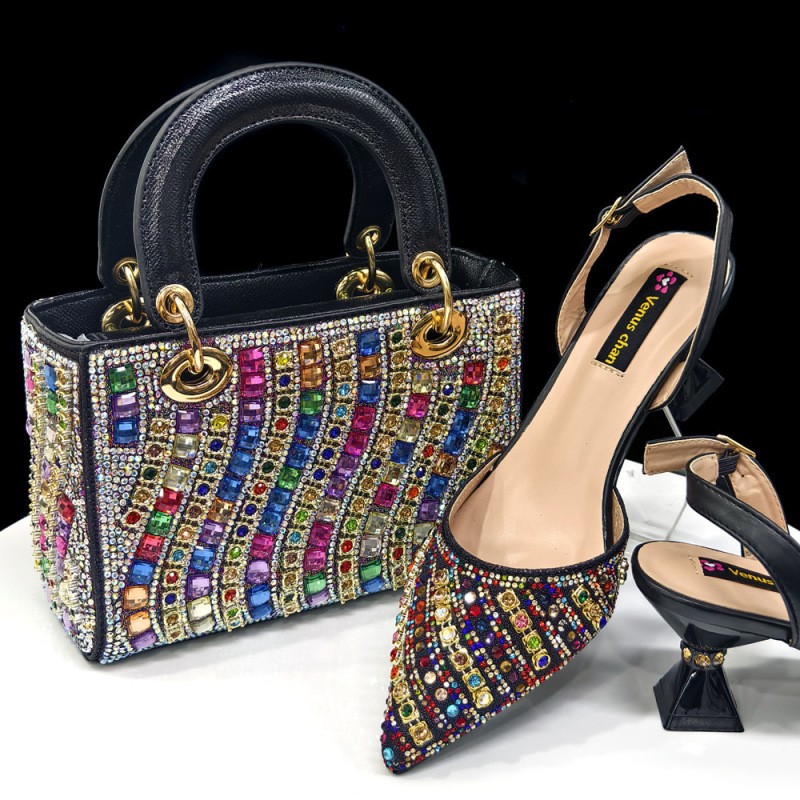Export Foreign Trade Women's Pointed-Toe Low-Heeled Sandals Paired with a Square Handbag, Wave-Shaped Full Rhinestones, Rhinestones