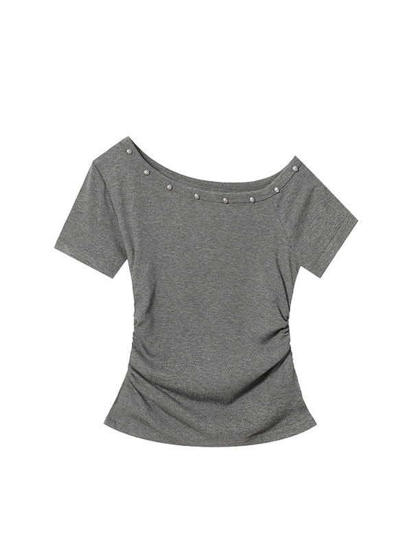 女性用グレーのオフショルダー半袖Tシャツ、夏、小柄なホットガール、スリムフィット、ショートワンショルダートップ|undefined