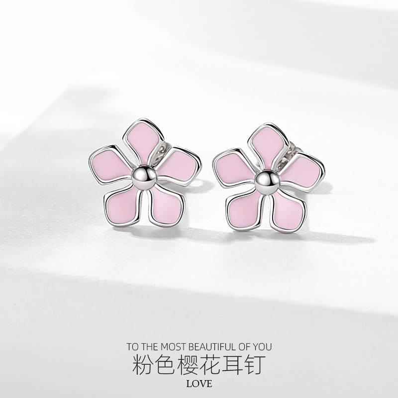 S925 plata esterlina Rosa flor de cerezo Stud pendientes de las mujeres de moda estilo japonés y coreano Mori dulce flor de cinco pétalos pendientes al por mayor