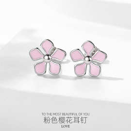 S925纯银粉色樱花耳钉女时尚日韩风森系甜美五瓣花耳饰批发