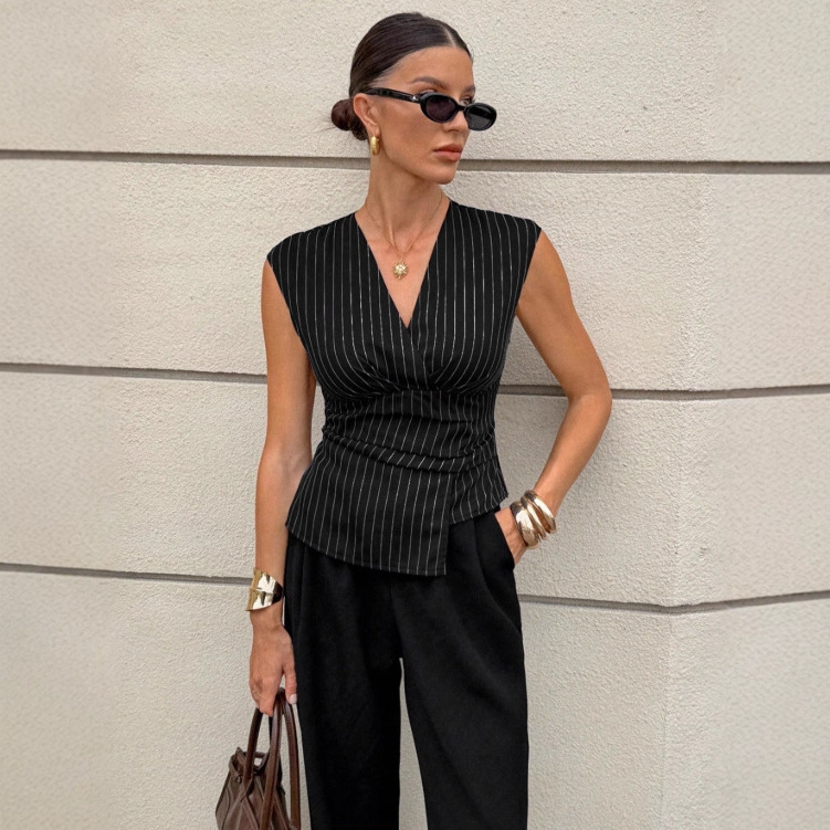 In-Stock 2025 Cross-Border Foreign Trade Summer Amazon Hot-Selling Striped Three-Dimensional Cut V-Neck Asymmetrical Sleeveless Vest In-Stock 2025 Cross-Border Foreign Trade Summer Amazon Hot-Selling Striped Three-Dimensional Cut V-Neck Asymmetrical Sleeveless Vest