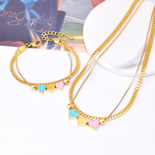 Titanium steel trendy three-pink blue love necklace double-layer snake bone chain peach heart bracelet three-dimensional geometric hand jewelry