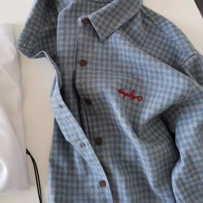 Blue-Gray Plaid Shirt for Women, Spring and Autumn Soft Brushed Embroidered Letters, Loose Lazy Style Layered Shirt