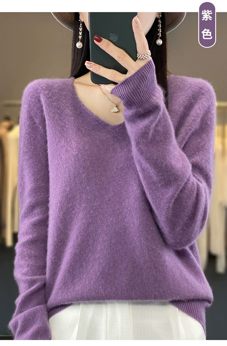 Вязаный свитер с V-образным вырезом, oversize, женский демисезон 100% шерсть, свободный покрой