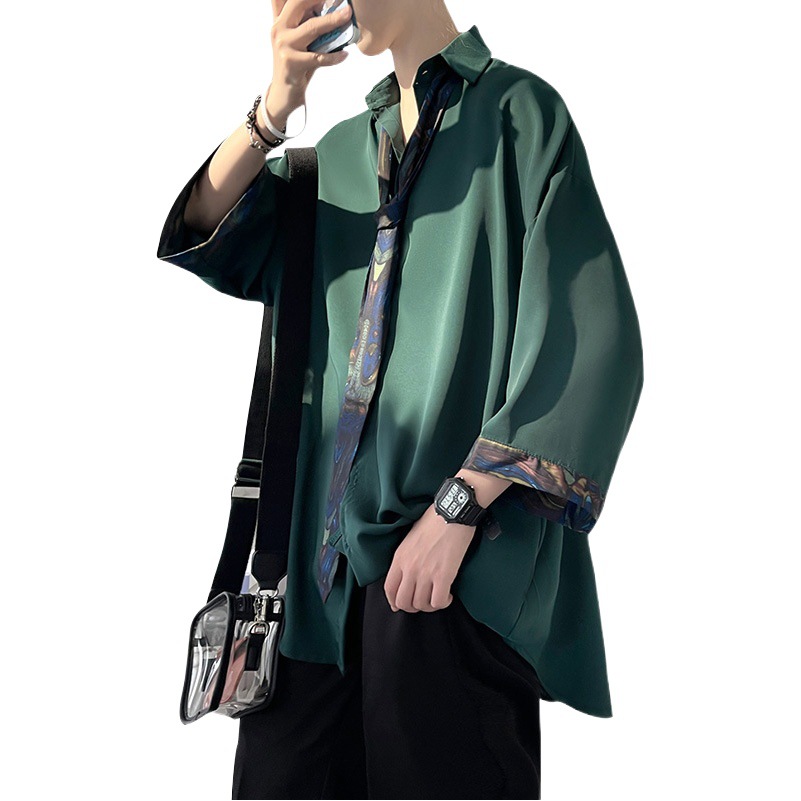 Ruan guapo camisa de manga corta DK corbata uniforme JK Camisa de manga tres cuartos verde oscuro de verano de diseño de alto grado de los hombres