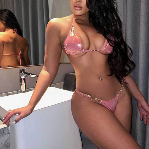 European and American swimsuit split swimsuit pink bronzing halter neck strap sexy backless swimsuit bikini bikini