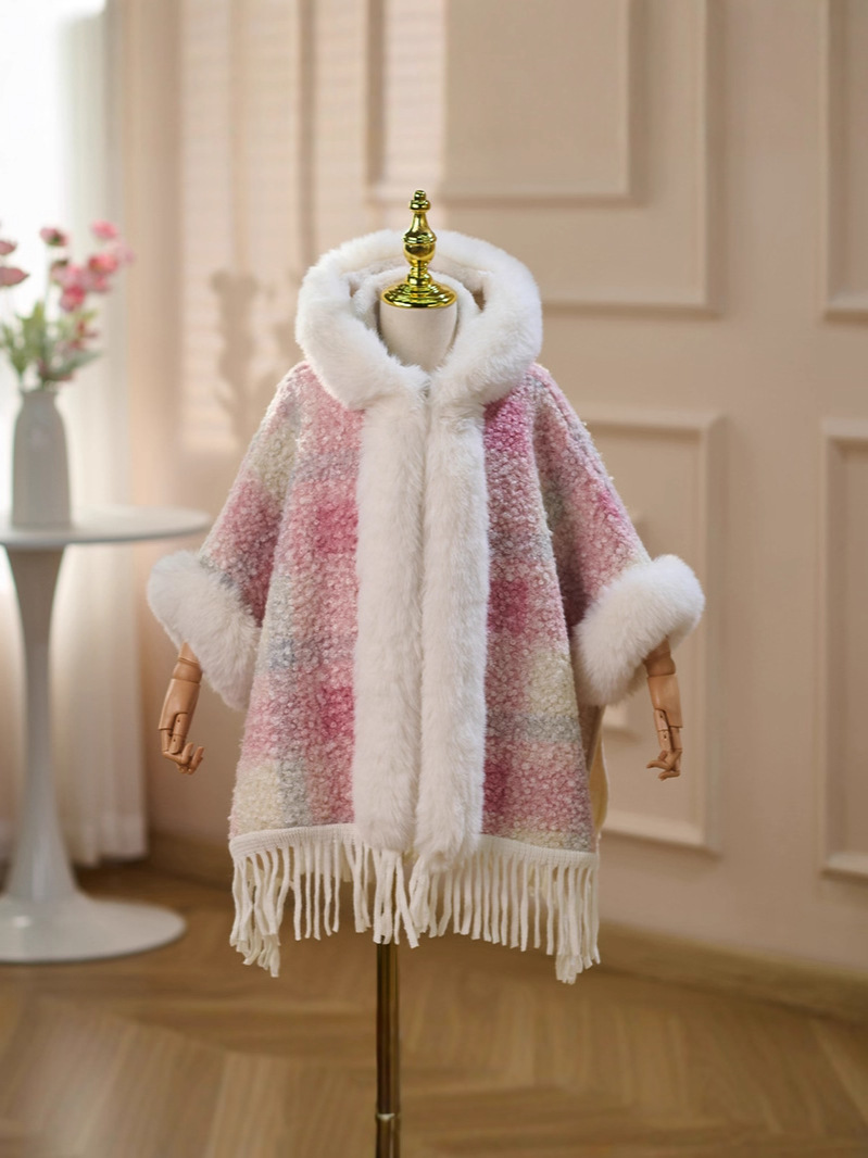 Capa rosa para niñas gruesa y cálida, ropa de Año Nuevo con capuzas largas, camisa, abrigo de cuello de pelo grande