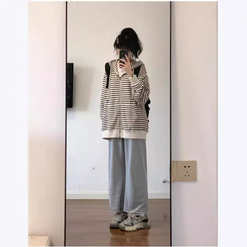 Women's Loose Hooded Striped Sweatshirt Cardigan Chic Hong Kong Style Top for Spring, Autumn, and Winter