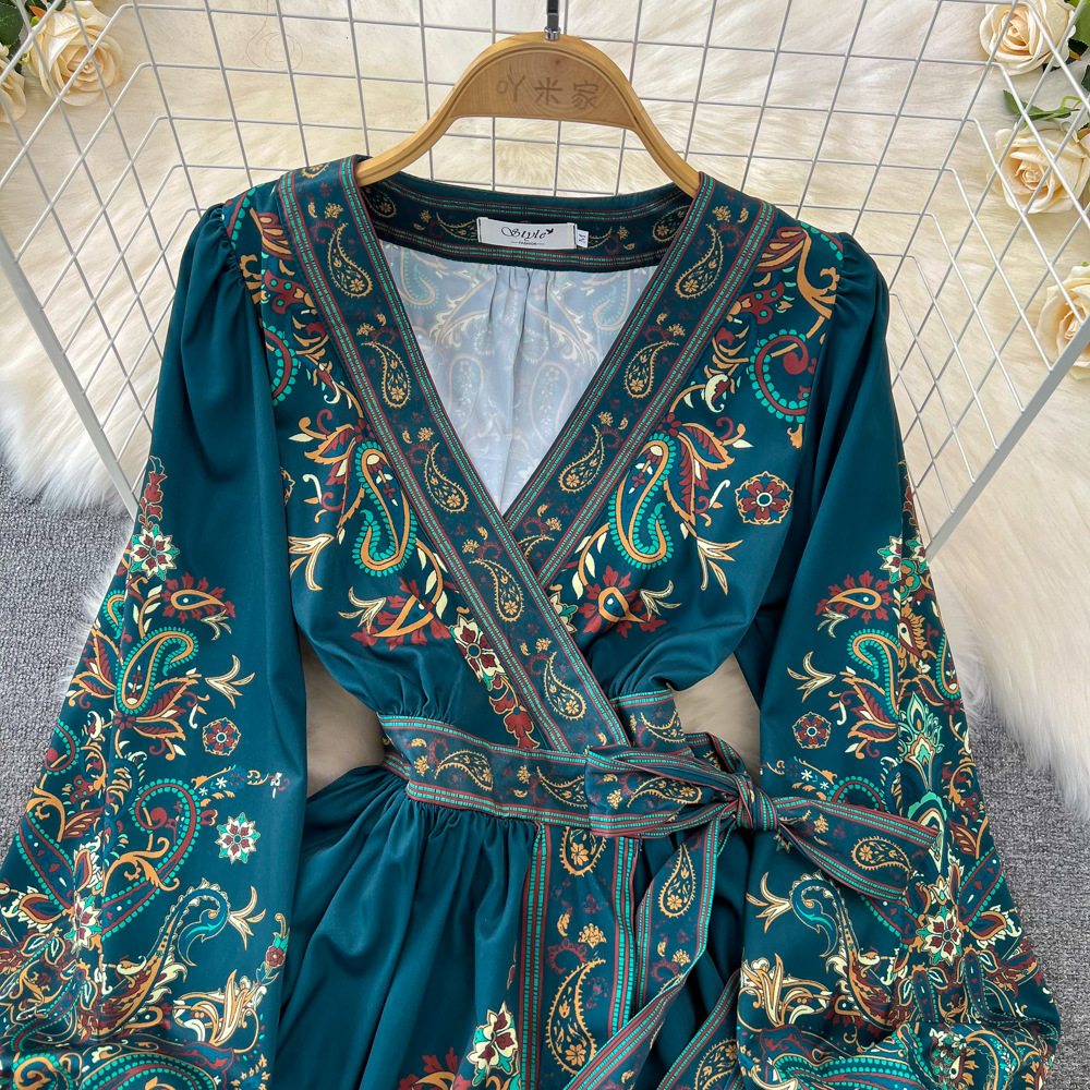 Retro Court Style Lantern Dress Long Sleeved V Neck Belted a Line Printed Elegant Full Skirt for Women_ecoleips.com