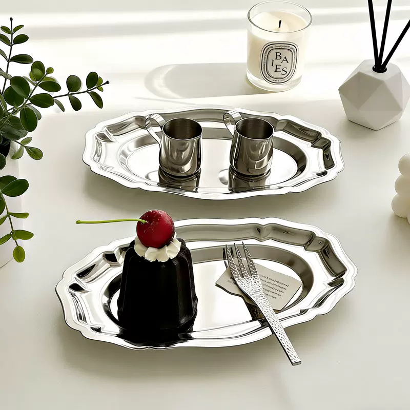 北欧304不锈钢法式早餐摆盘餐具托盘ins风银色餐盘蛋糕甜品托盘