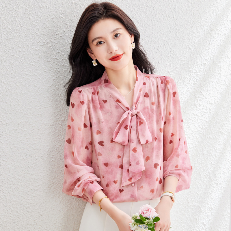 系带碎花淑女显瘦长袖上衣2025秋新款时尚百搭通勤气质衬衫女批发|undefined