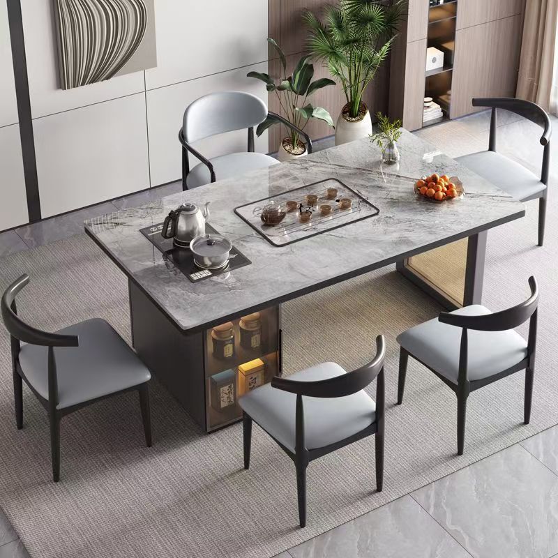 Red de Internet mesa de té de losa de roca de lujo ligero de estilo italiano, un conjunto completo de mesas y sillas de té de kung fu de oficina, mesa de té rectangular
