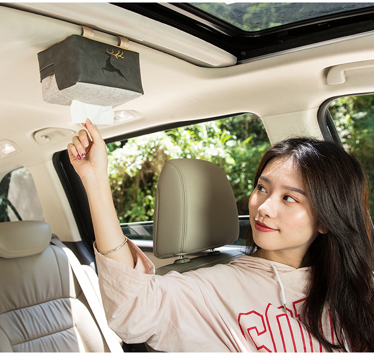 Leather deer car tissue box, sun visor tissue cover, linen creative car sunroof hanging tissue storage bag