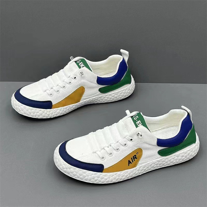 Men's Korean Style Casual Sneakers Summer Trendy Fashionable White Versatile Lace-Up Sneakers With Perspective Mesh Microfiber Leather PU Upper_voghion.com