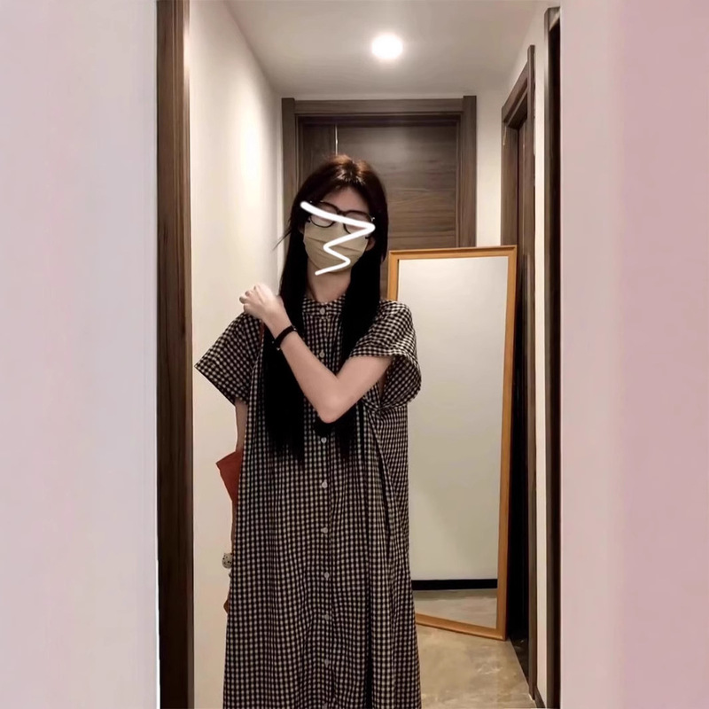 Black and White Plaid Short-sleeved dress Women's Summer New Japanese Style Retro Loose Casual Slimming Shirt Long Dress