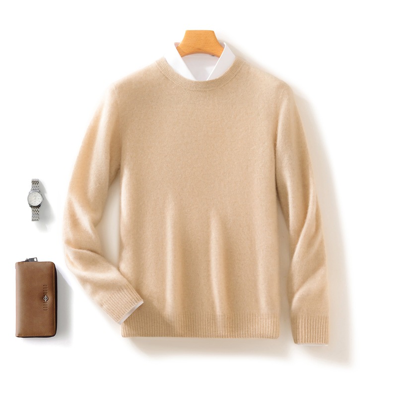 Casual round neck pure wool men's autumn and winter solid color pullover basic versatile knitted top base sweater_voghion.com