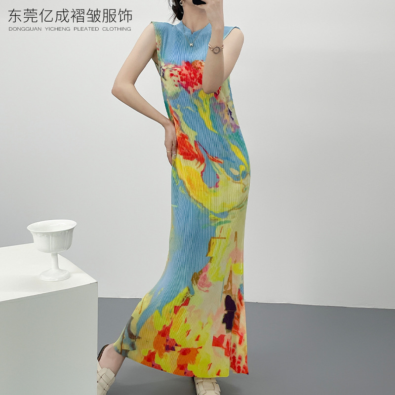 Miyake Pleated Dress New Chinese Style Elegant Cheongsam Dress Slimming Fishtail Long Skirt Summer