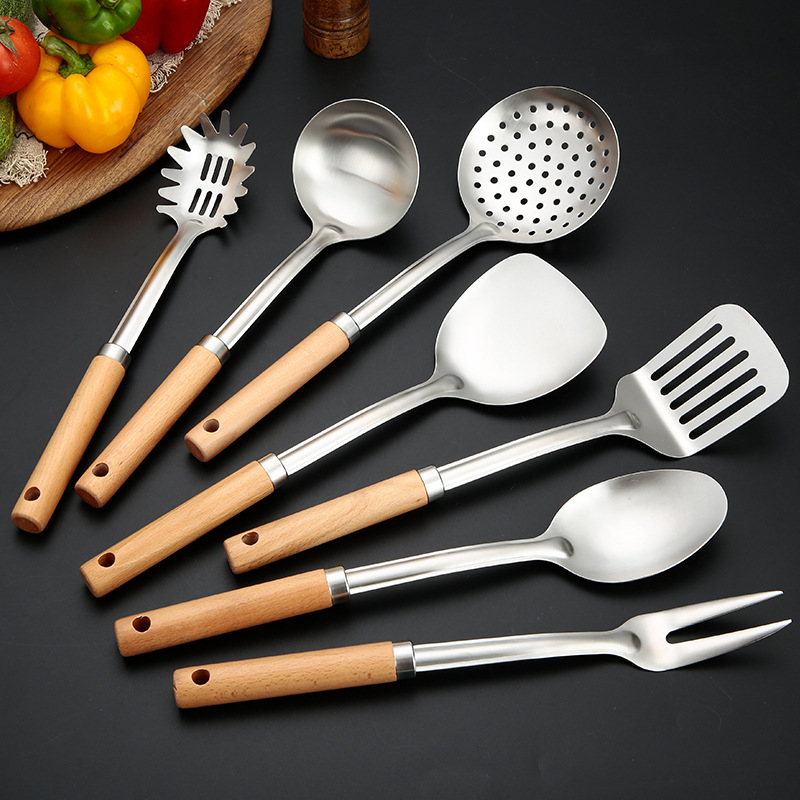 Espátula de acero inoxidable para cocinar en casa, espátula para freír, cuchara para freír, mango de madera maciza, cuchara para freír, colador de cocina engrosado, juego de utensilios de cocina